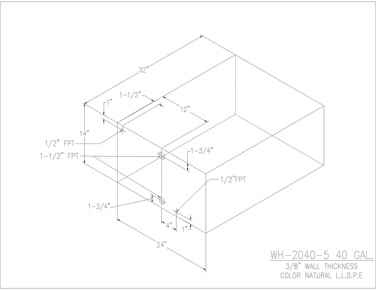 Trionic WH-2040-5 40 gallon water/holding tank drawing with fitting locations, 32 x 24 x 14 in