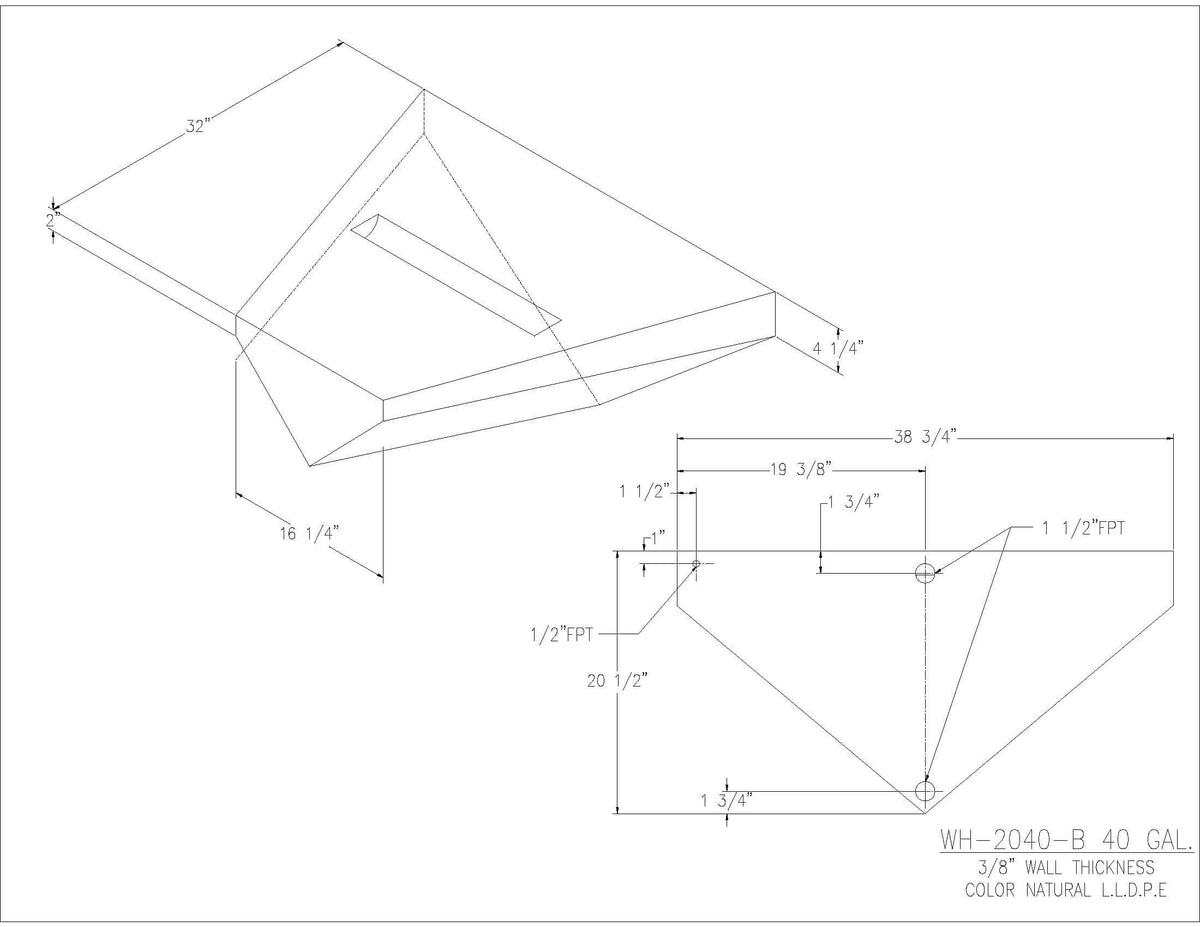 Trionic WH-2040-B 40 gallon water/holding tank drawing with fitting locations, 32 x 38.75 x 10.375 in