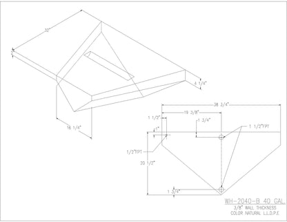 Trionic WH-2040-B 40 gallon water/holding tank drawing with fitting locations, 32 x 38.75 x 10.375 in