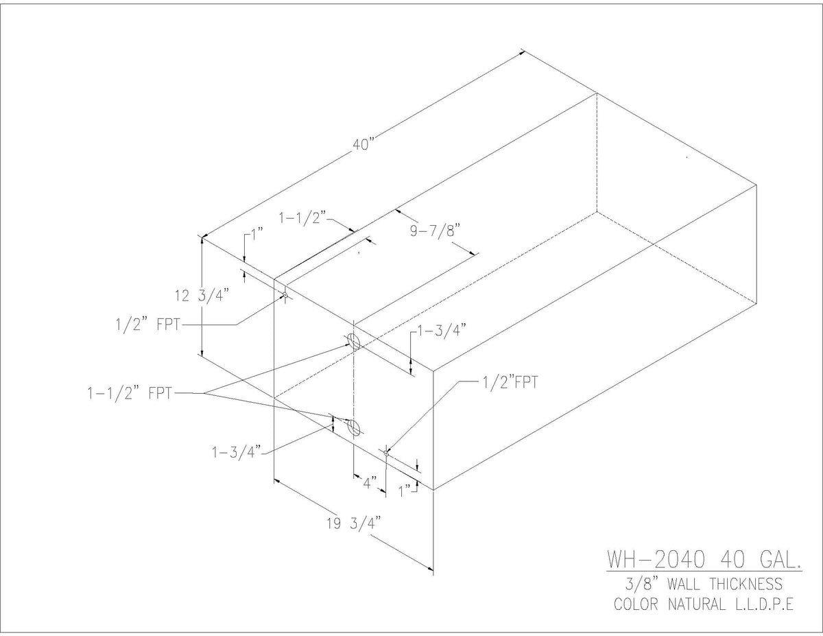 Trionic WH-2040 40 gallon water/holding tank drawing with fitting locations, 40 x 19.75 x 12.75 in