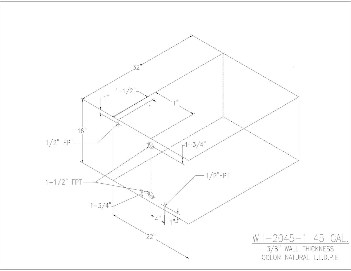 Trionic WH-2045-1 45 gallon water/holding tank drawing with fitting locations, 32 x 22 x 16 in