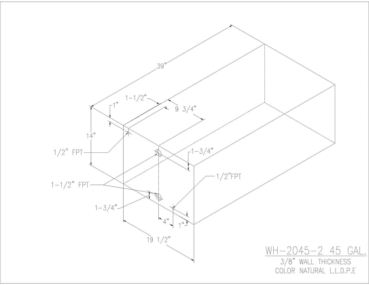 Trionic WH-2045-2 45 gallon water/holding tank drawing with fitting locations, 39 x 19.5 x 14 in