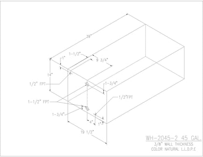 Trionic WH-2045-2 45 gallon water/holding tank drawing with fitting locations, 39 x 19.5 x 14 in