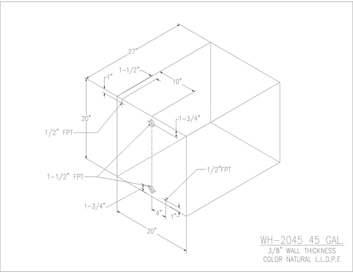 Trionic WH-2045 45 gallon water/holding tank drawing with fitting locations, 27 x 20 x 20 in