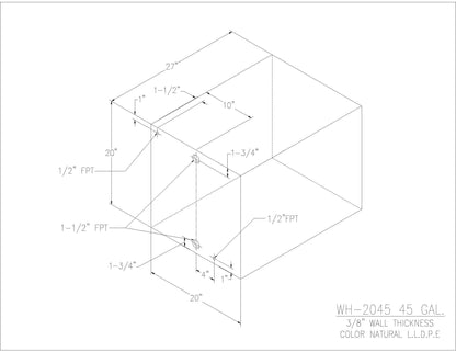 Trionic WH-2045 45 gallon water/holding tank drawing with fitting locations, 27 x 20 x 20 in