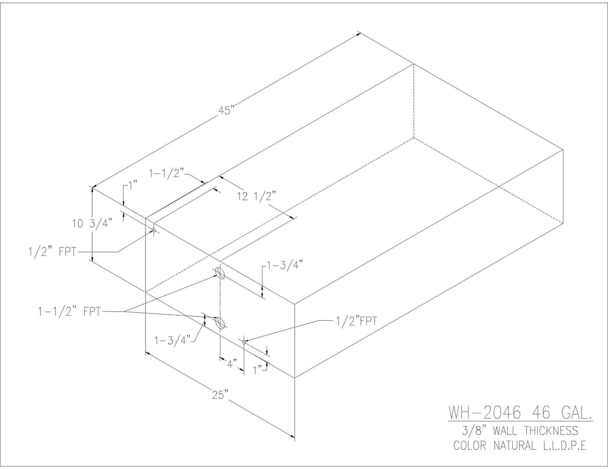 Trionic WH-2046 46 gallon water/holding tank drawing with fitting locations, 45 x 25 x 10.75 in