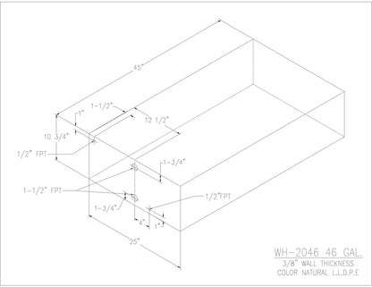 Trionic WH-2046 46 gallon water/holding tank drawing with fitting locations, 45 x 25 x 10.75 in
