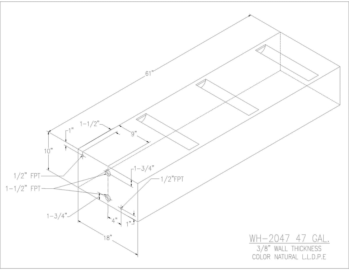 Trionic WH-2047 47 gallon water/holding tank drawing with fitting locations, 61 x 18 x 10 in