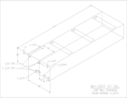 Trionic WH-2047 47 gallon water/holding tank drawing with fitting locations, 61 x 18 x 10 in