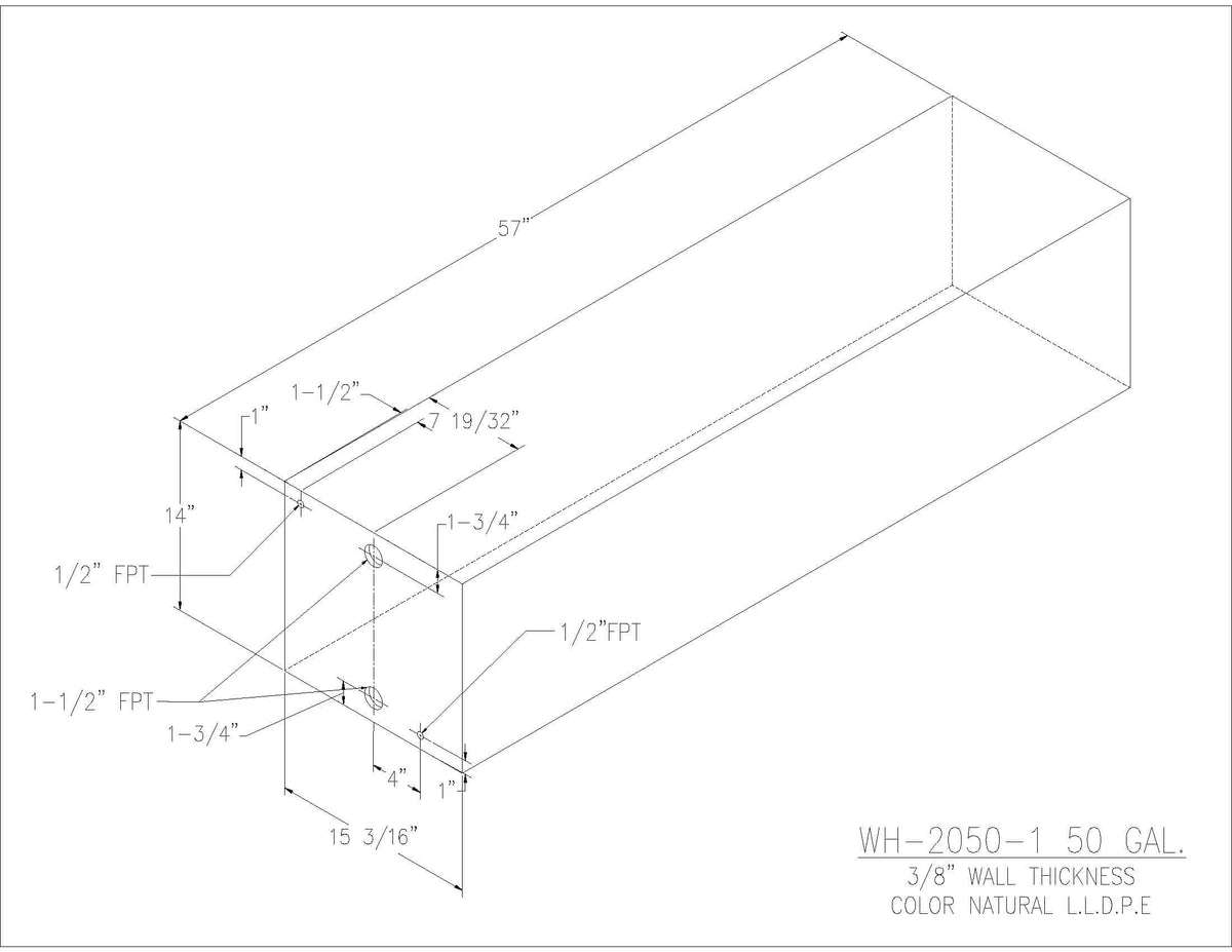 Trionic WH-2050-1 50 gallon water/holding tank drawing with fitting locations, 57 x 15.188 x 14 in
