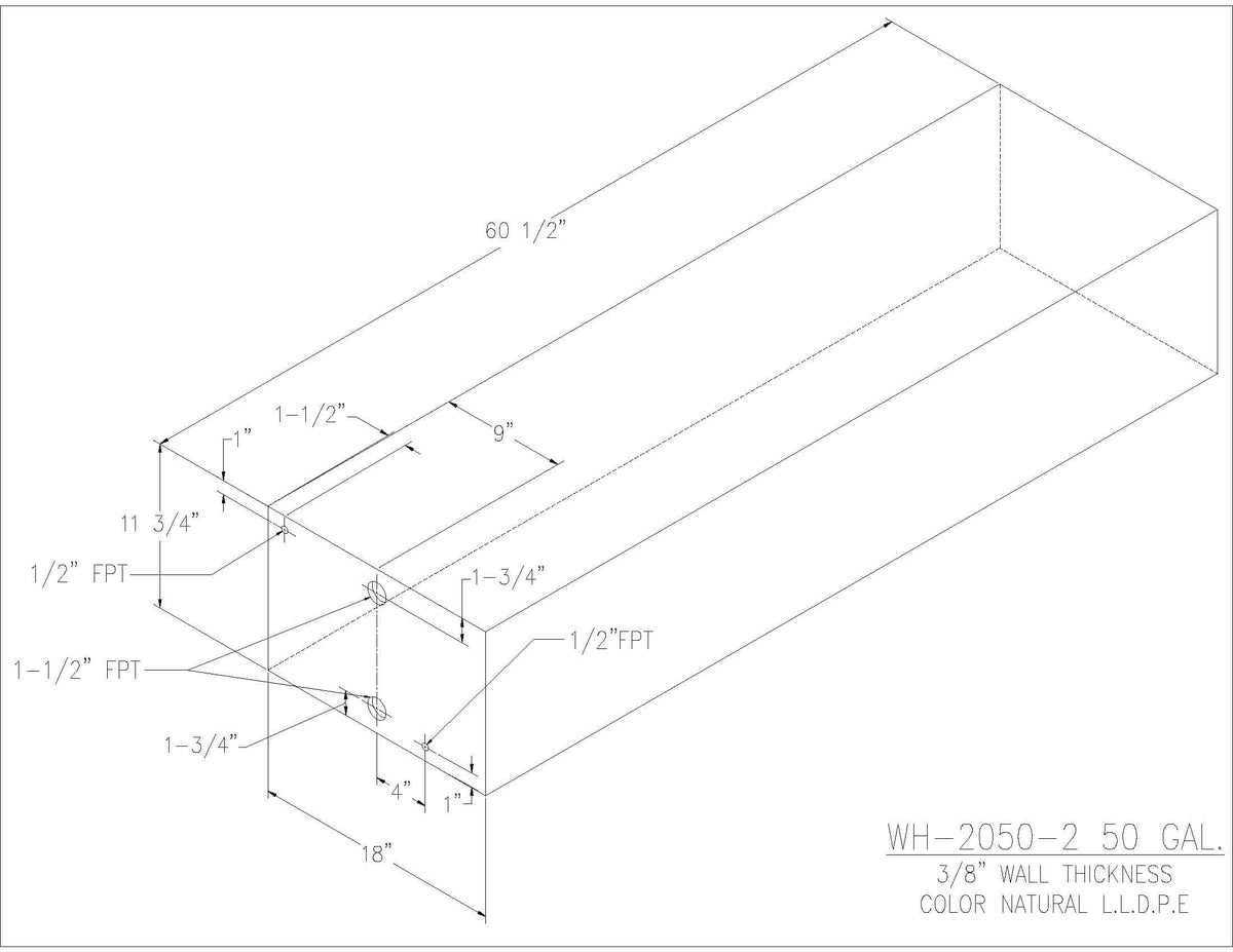 Trionic WH-2050-2 50 gallon water/holding tank drawing with fitting locations, 60.5 x 18 x 11.75 in
