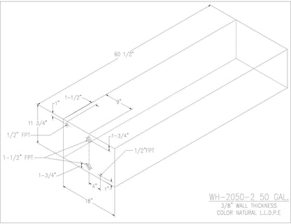 Trionic WH-2050-2 50 gallon water/holding tank drawing with fitting locations, 60.5 x 18 x 11.75 in