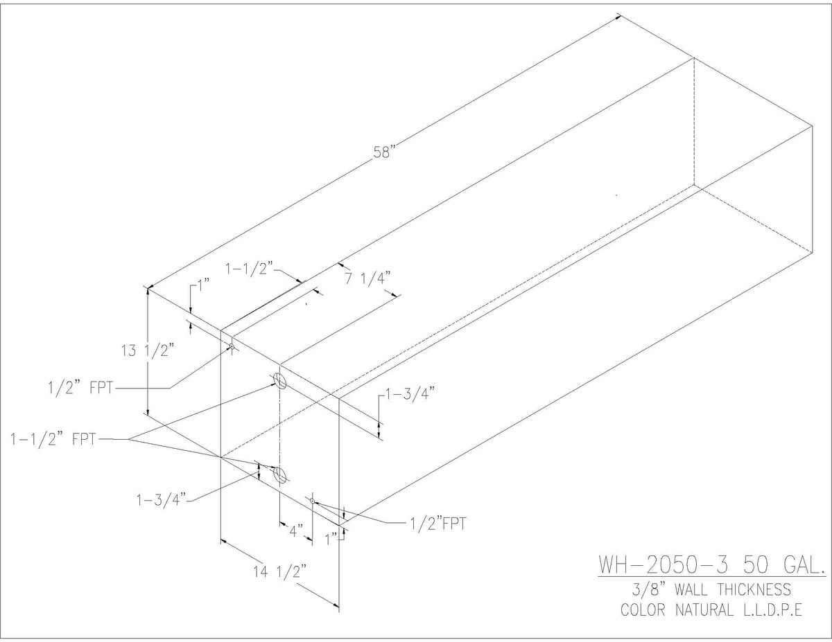 Trionic WH-2050-3 50 gallon water/holding tank drawing with fitting locations, 58 x 14.5 x 13.5 in