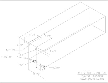 Trionic WH-2050-3 50 gallon water/holding tank drawing with fitting locations, 58 x 14.5 x 13.5 in