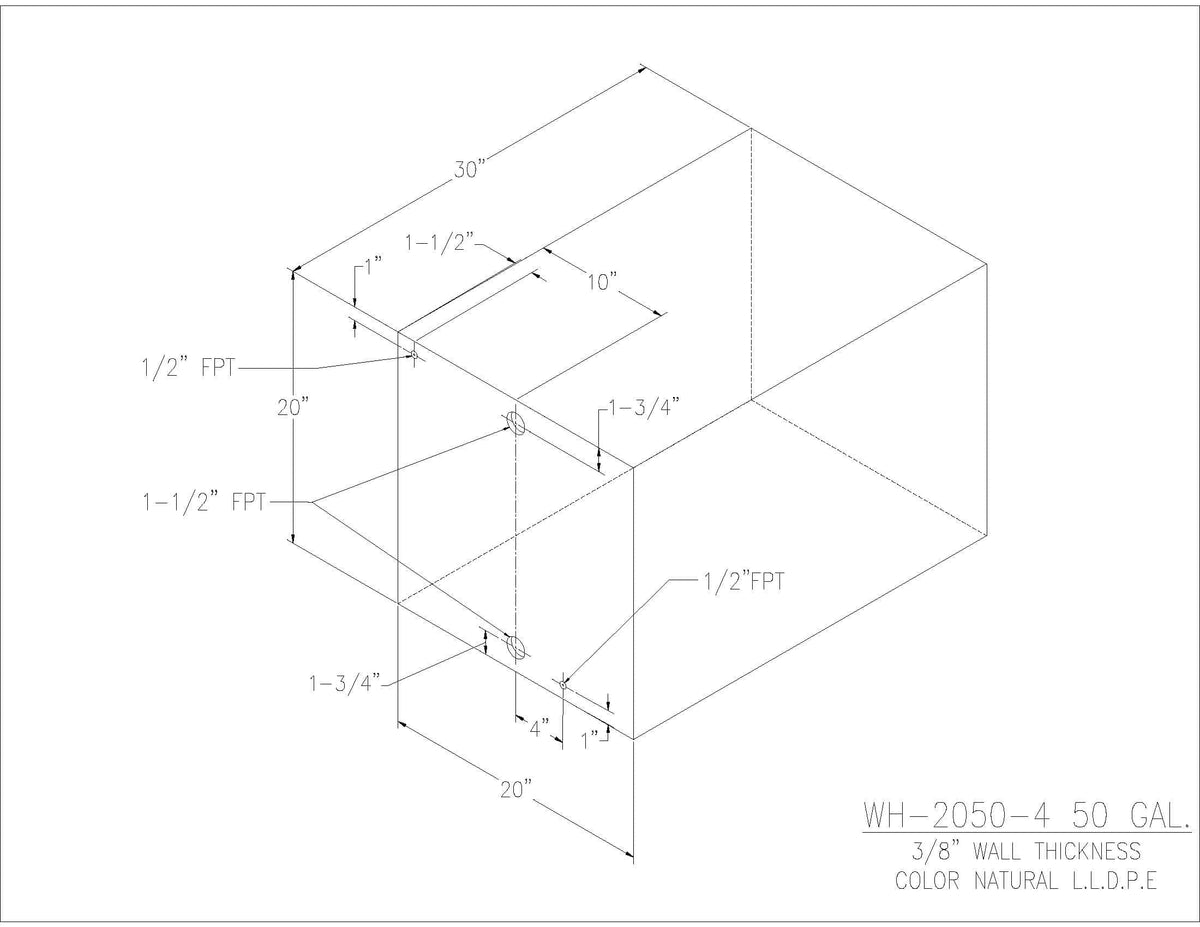 Trionic WH-2050-4 50 gallon water/holding tank drawing with fitting locations, 30 x 20 x 20 in
