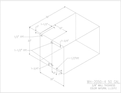 Trionic WH-2050-4 50 gallon water/holding tank drawing with fitting locations, 30 x 20 x 20 in
