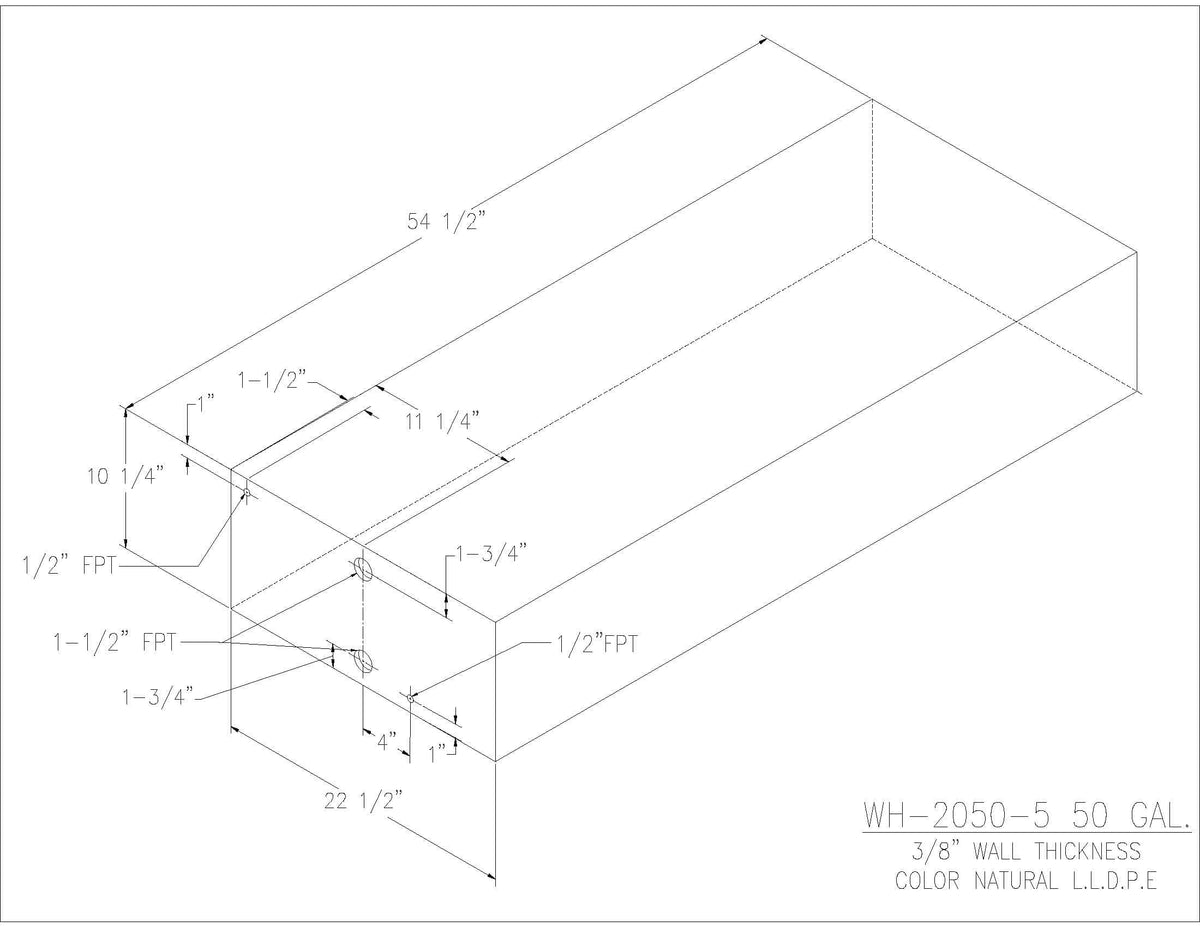 Trionic WH-2050-5 50 gallon water/holding tank drawing with fitting locations, 54.5 x 22.5 x 10.25 in