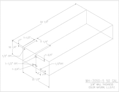 Trionic WH-2050-5 50 gallon water/holding tank drawing with fitting locations, 54.5 x 22.5 x 10.25 in