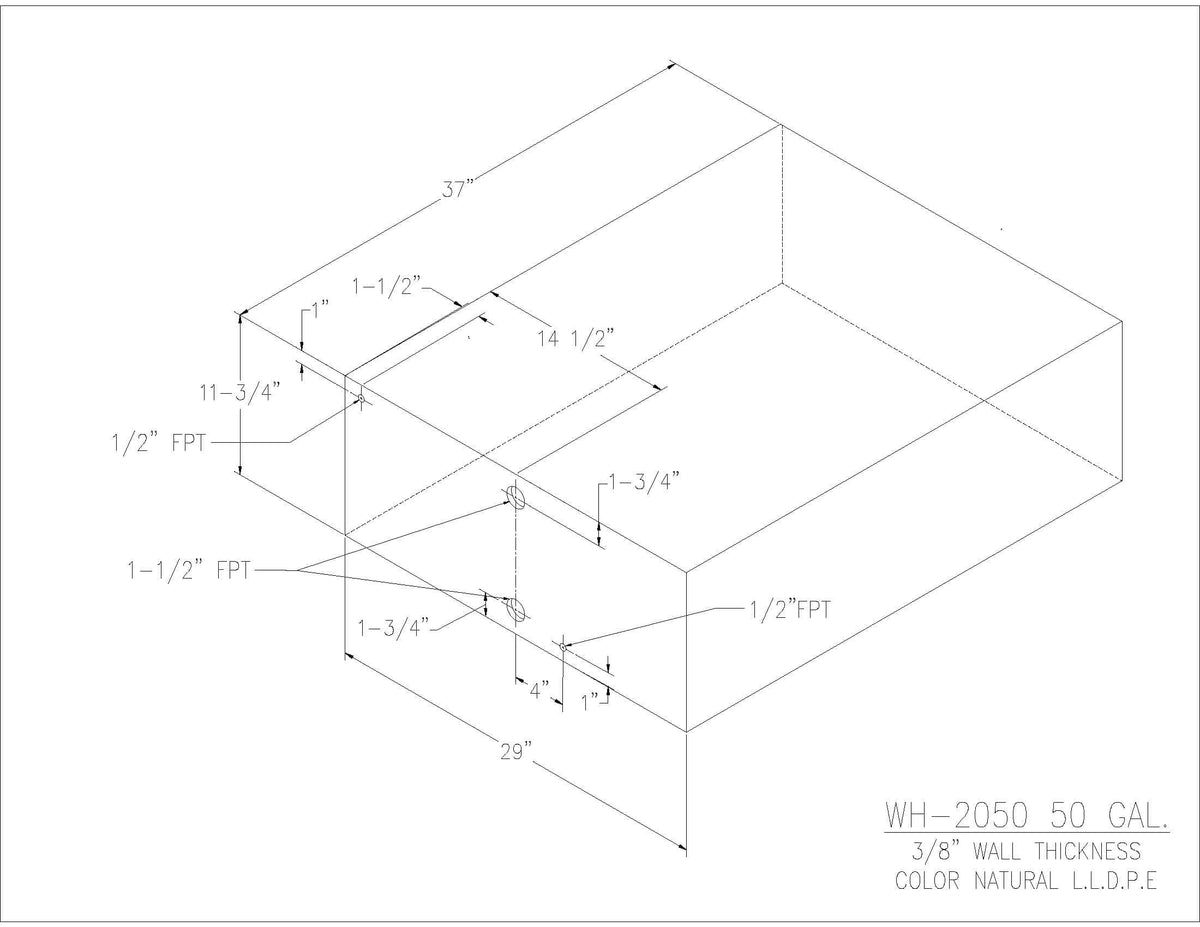 Trionic WH-2050 50 gallon water/holding tank drawing with fitting locations, 37 x 29 x 11.75 in