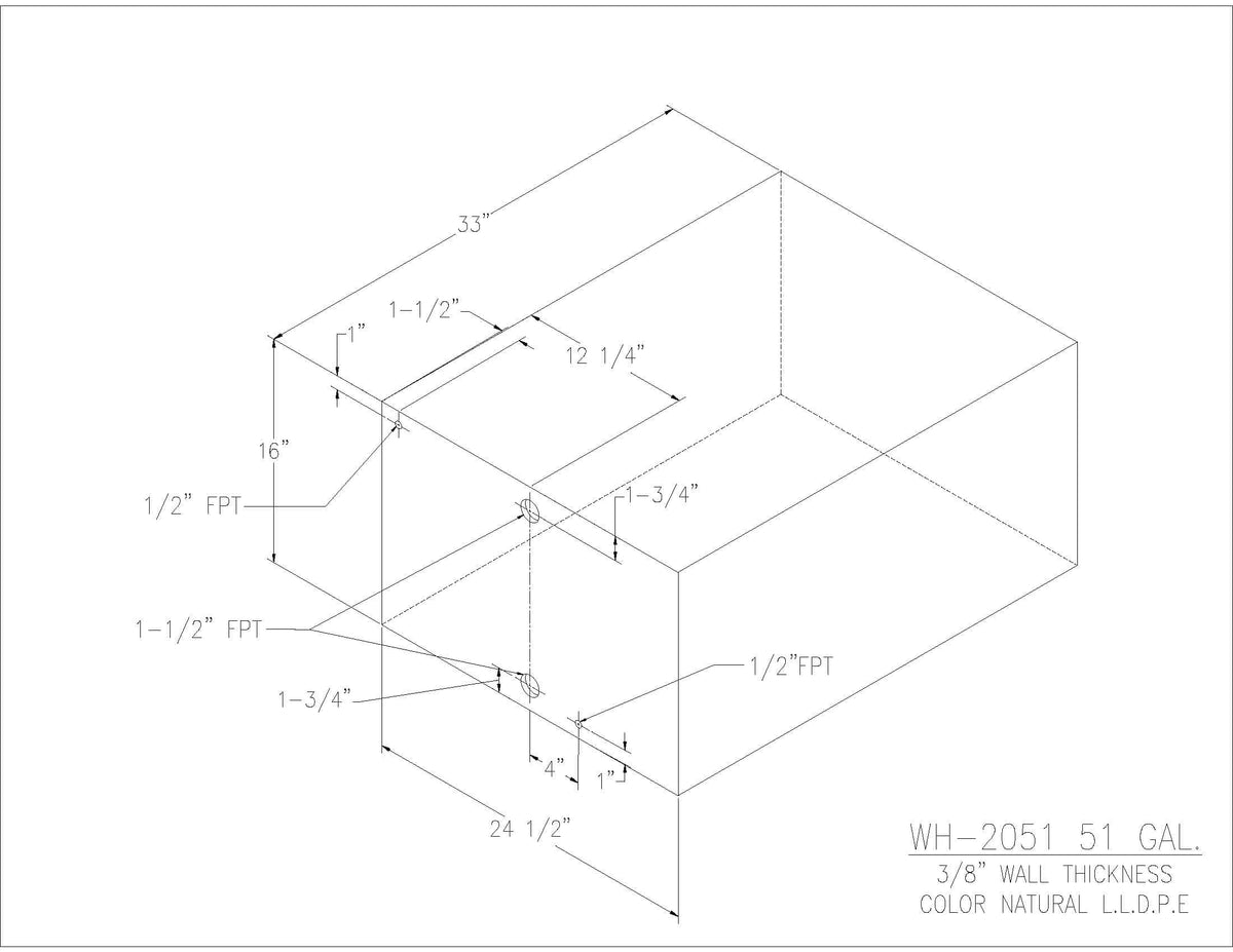 Trionic WH-2051 51 gallon water/holding tank drawing with fitting locations, 33 x 24.5 x 16 in