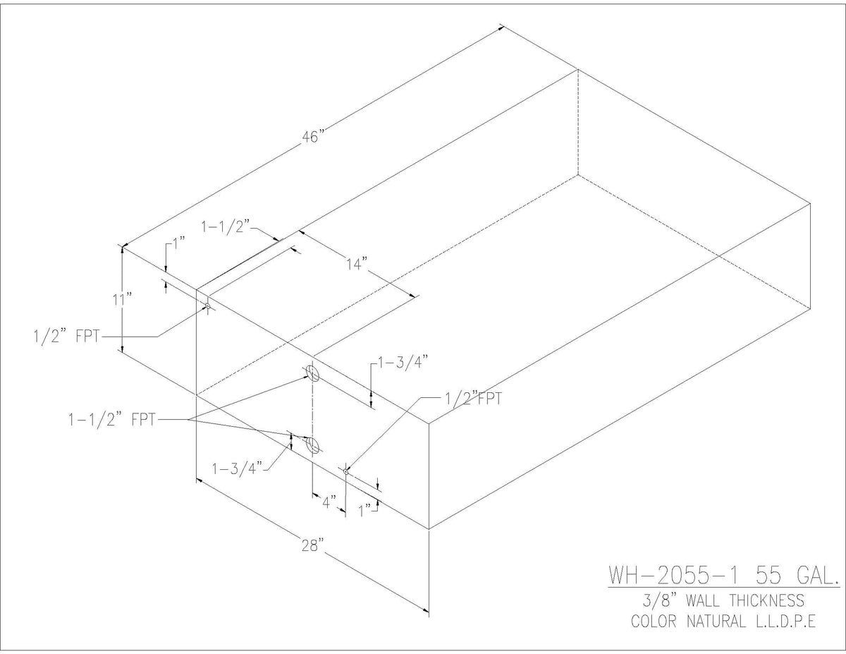Trionic WH-2055-1 55 gallon water/holding tank drawing with fitting locations, 46 x 28 x 11 in
