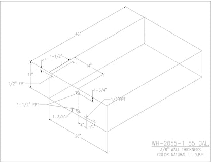 Trionic WH-2055-1 55 gallon water/holding tank drawing with fitting locations, 46 x 28 x 11 in
