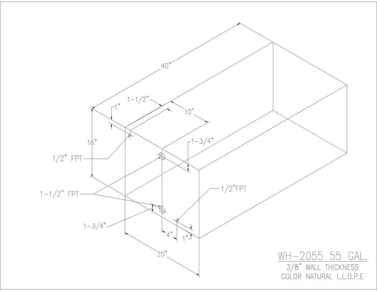 Trionic WH-2055 55 gallon water/holding tank drawing with fitting locations, 40 x 20 x 16 in