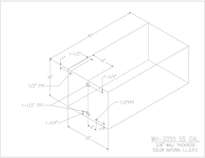 Trionic WH-2055 55 gallon water/holding tank drawing with fitting locations, 40 x 20 x 16 in