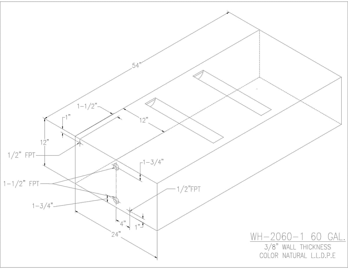 Trionic WH-2060-1 60 gallon water/holding tank drawing with fitting locations, 54 x 24 x 12 in