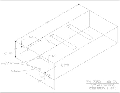 Trionic WH-2060-1 60 gallon water/holding tank drawing with fitting locations, 54 x 24 x 12 in