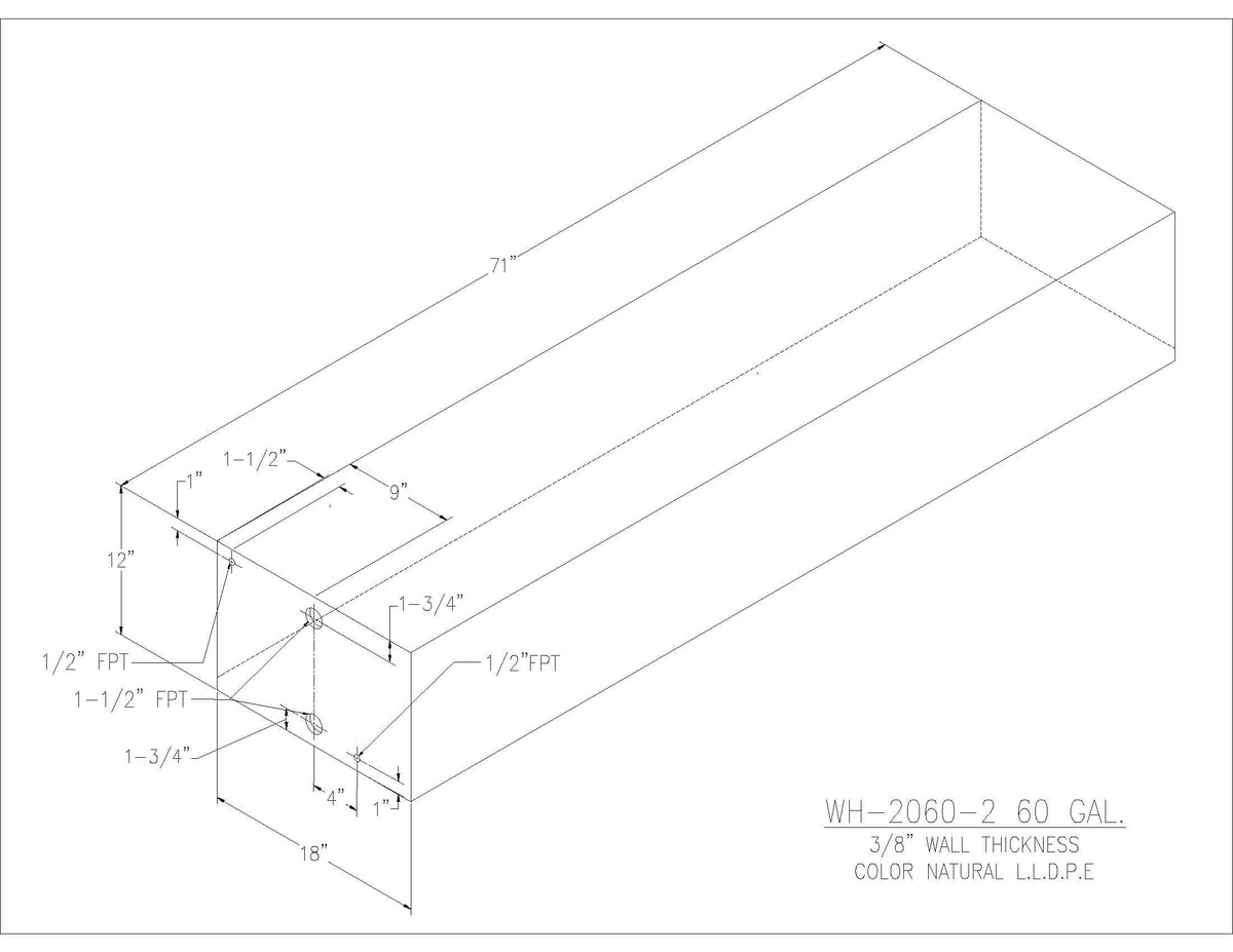 Trionic WH-2060-2 60 gallon water/holding tank drawing with fitting locations, 71 x 18 x 12 in
