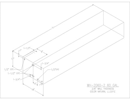 Trionic WH-2060-2 60 gallon water/holding tank drawing with fitting locations, 71 x 18 x 12 in
