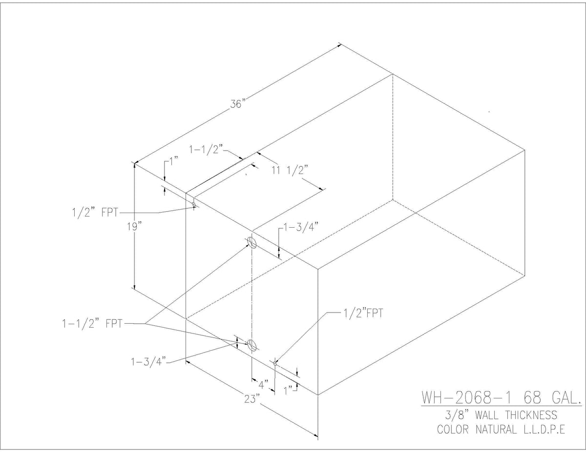 Trionic WH-2068-1 68 gallon water/holding tank drawing with fitting locations, 36 x 23 x 19 in
