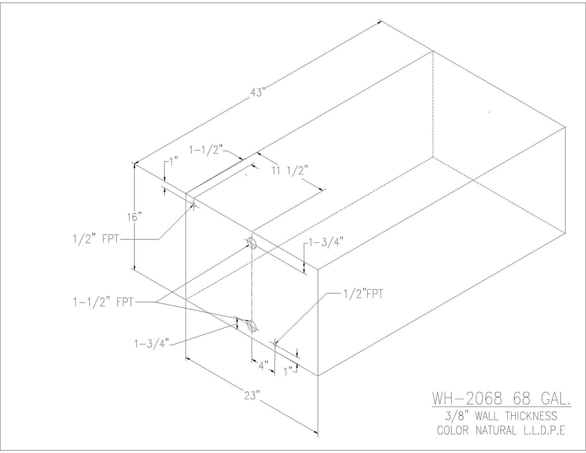 Trionic WH-2068 68 gallon water/holding tank drawing with fitting locations, 43 x 23 x 16 in