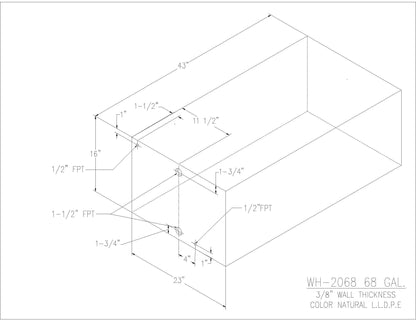 Trionic WH-2068 68 gallon water/holding tank drawing with fitting locations, 43 x 23 x 16 in