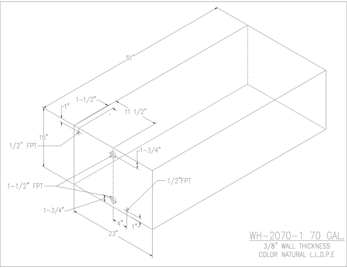 Trionic WH-2070-1 70 gallon water/holding tank drawing with fitting locations, 51 x 23 x 15 in