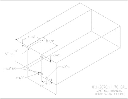 Trionic WH-2070-1 70 gallon water/holding tank drawing with fitting locations, 51 x 23 x 15 in