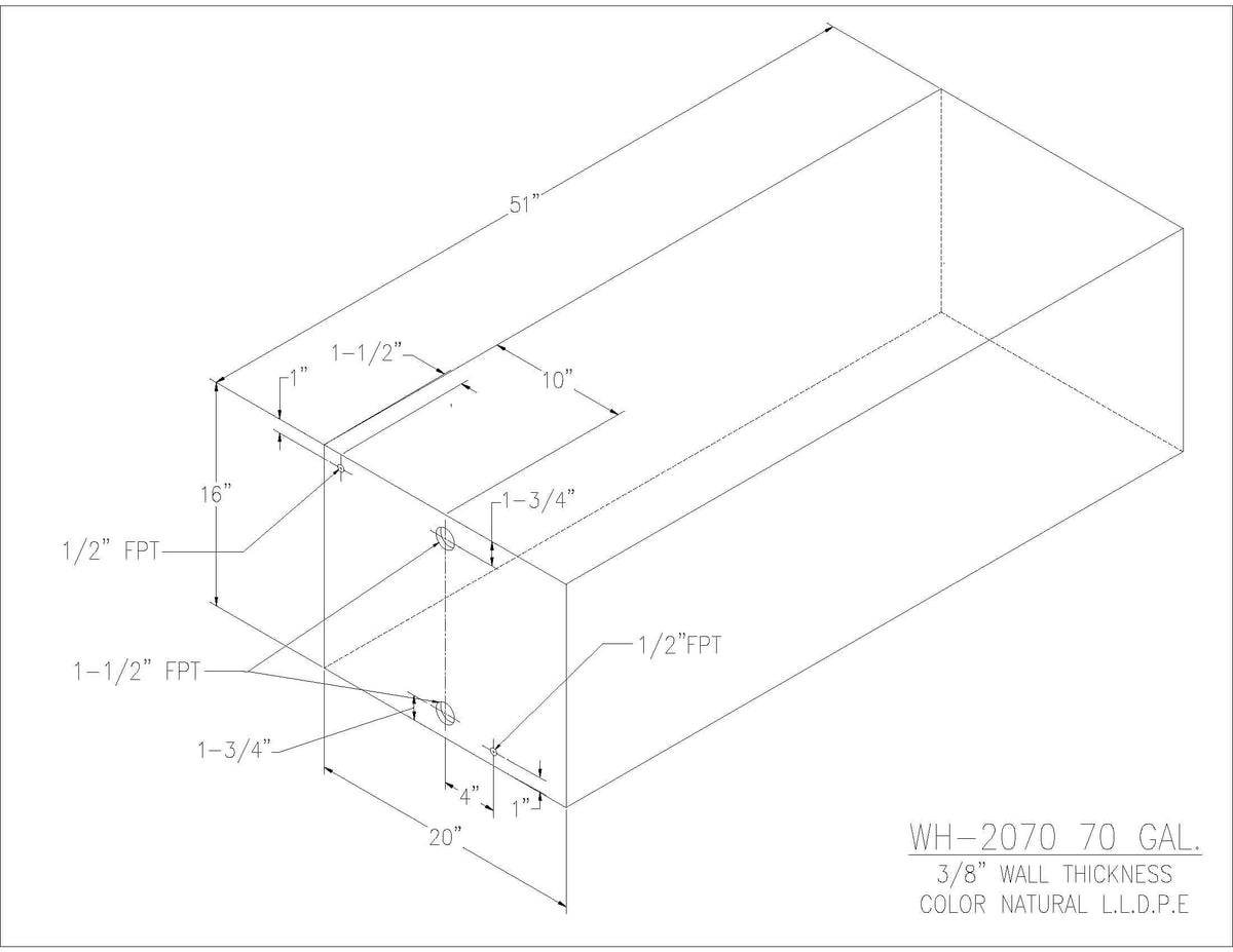 Trionic WH-2070 70 gallon water/holding tank drawing with fitting locations, 51 x 20 x 16 in