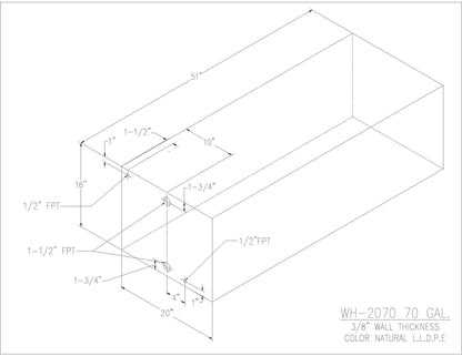 Trionic WH-2070 70 gallon water/holding tank drawing with fitting locations, 51 x 20 x 16 in