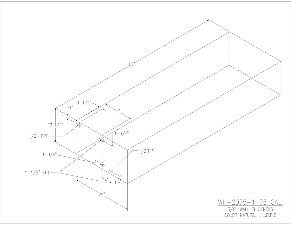 Trionic WH-2075-1 75 gallon water/holding tank drawing with fitting locations, 66 x 22 x 12.5 in