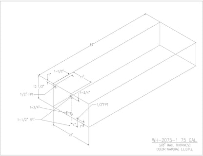 Trionic WH-2075-1 75 gallon water/holding tank drawing with fitting locations, 66 x 22 x 12.5 in