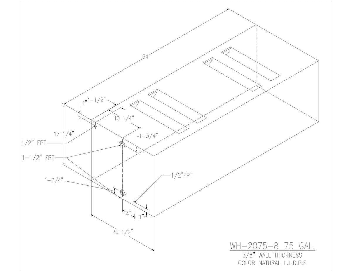 Trionic WH-2075-8 75 gallon water/holding tank drawing with fitting locations, 54 x 20.5 x 17.25 in