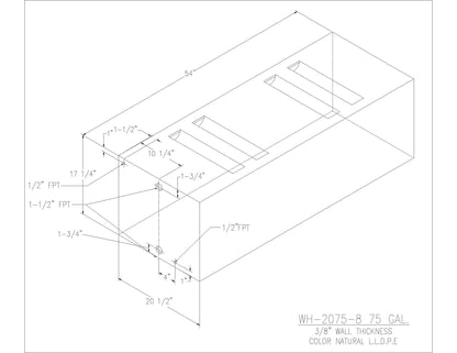 Trionic WH-2075-8 75 gallon water/holding tank drawing with fitting locations, 54 x 20.5 x 17.25 in