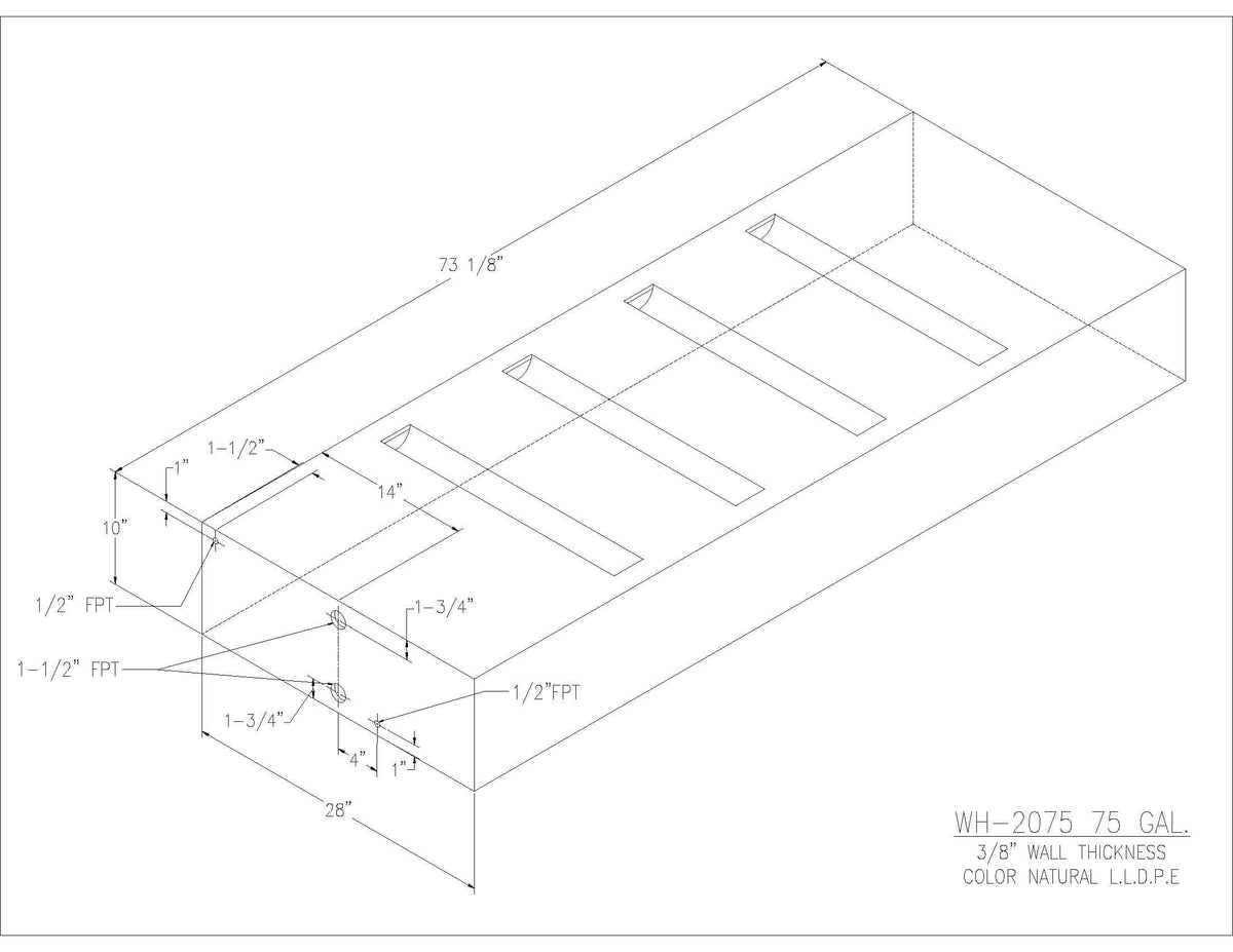 Trionic WH-2075 75 gallon water/holding tank drawing with fitting locations, 73.125 x 28 x 10 in