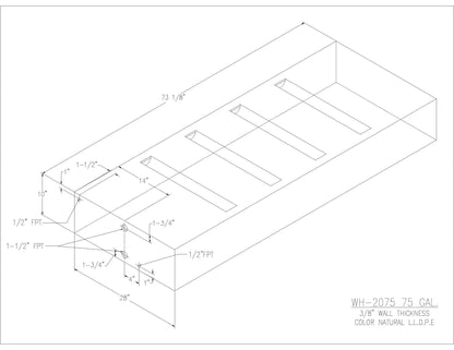 Trionic WH-2075 75 gallon water/holding tank drawing with fitting locations, 73.125 x 28 x 10 in