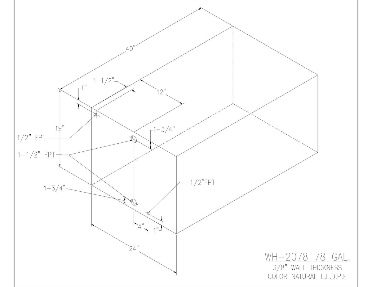 Trionic WH-2078 78 gallon water/holding tank drawing with fitting locations, 40 x 24 x 19 in