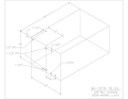 Trionic WH-2078 78 gallon water/holding tank drawing with fitting locations, 40 x 24 x 19 in