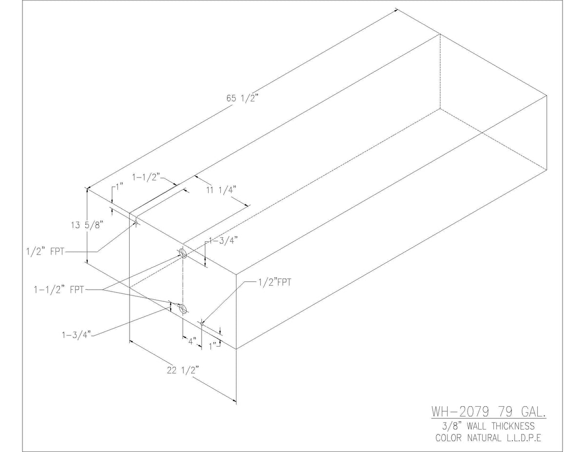 Trionic WH-2079 79 gallon water/holding tank drawing with fitting locations, 65.5 x 22.5 x 13.625 in