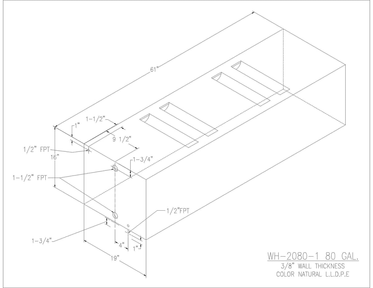 Trionic WH-2080-1 80 gallon water/holding tank drawing with fitting locations, 61 x 19 x 16 in