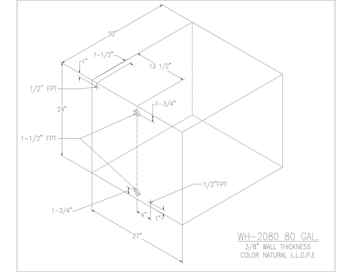 Trionic WH-2080 80 gallon water/holding tank drawing with fitting locations, 30 x 27 x 24 in
